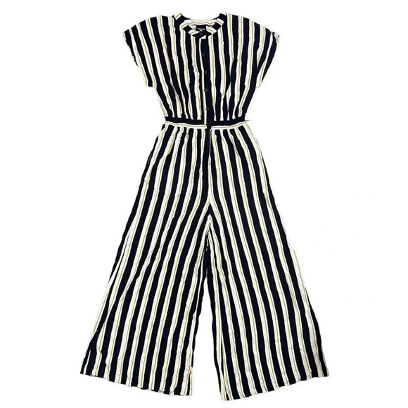 NEW Who What Wear Black White Yellow Striped Wide Leg Jumpsuit Sz Small Pockets - Picture 2 of 11